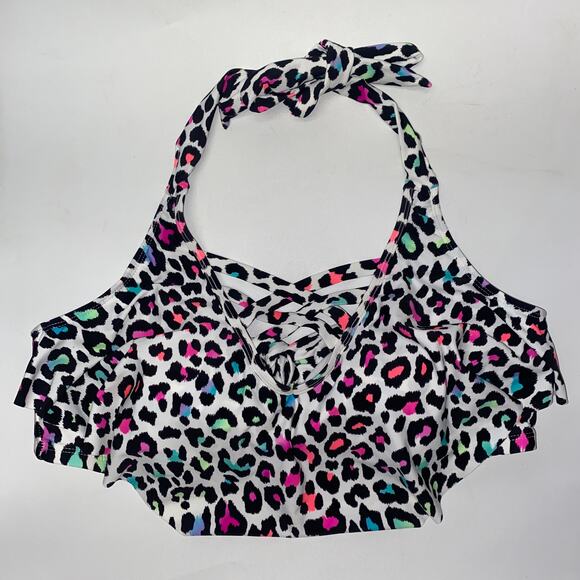 California Waves White Multicolor Leopard Flounce Ruffle Bikini Top 2X 20/22 - Picture 2 of 9
